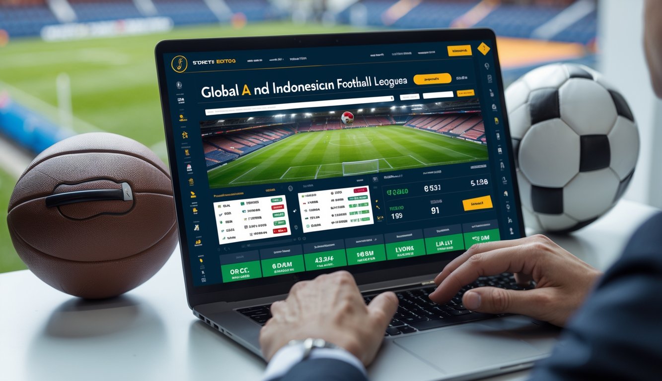 Seseorang menggunakan komputer dengan tampilan situs taruhan bola online dan bola sepak di meja.