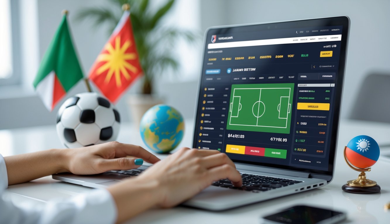 Seseorang menggunakan komputer dengan tampilan situs taruhan bola online menampilkan statistik dan peluang pertandingan sepak bola.