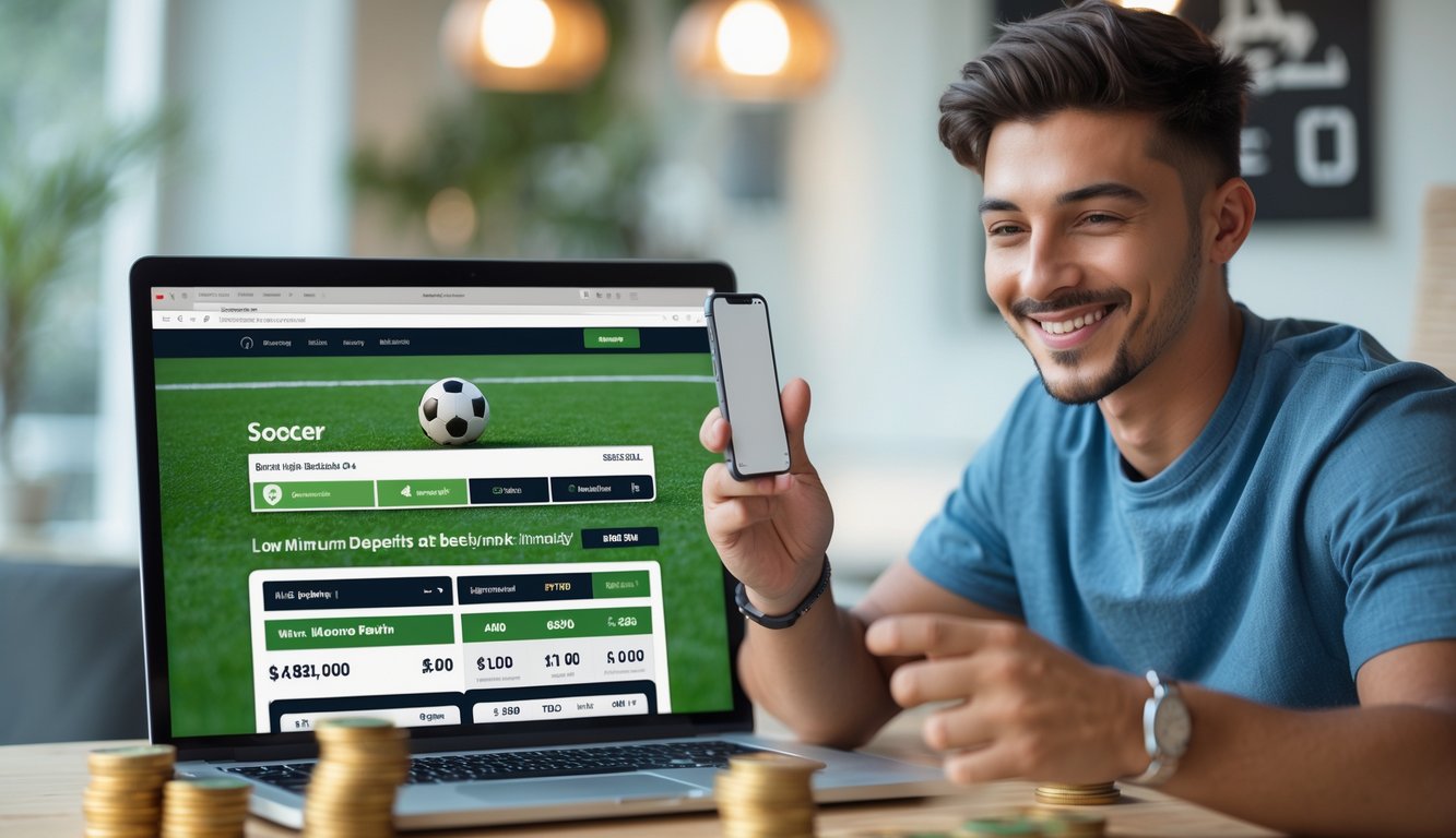 Seseorang menggunakan laptop dan ponsel untuk memasang taruhan bola online di lingkungan kerja yang nyaman.