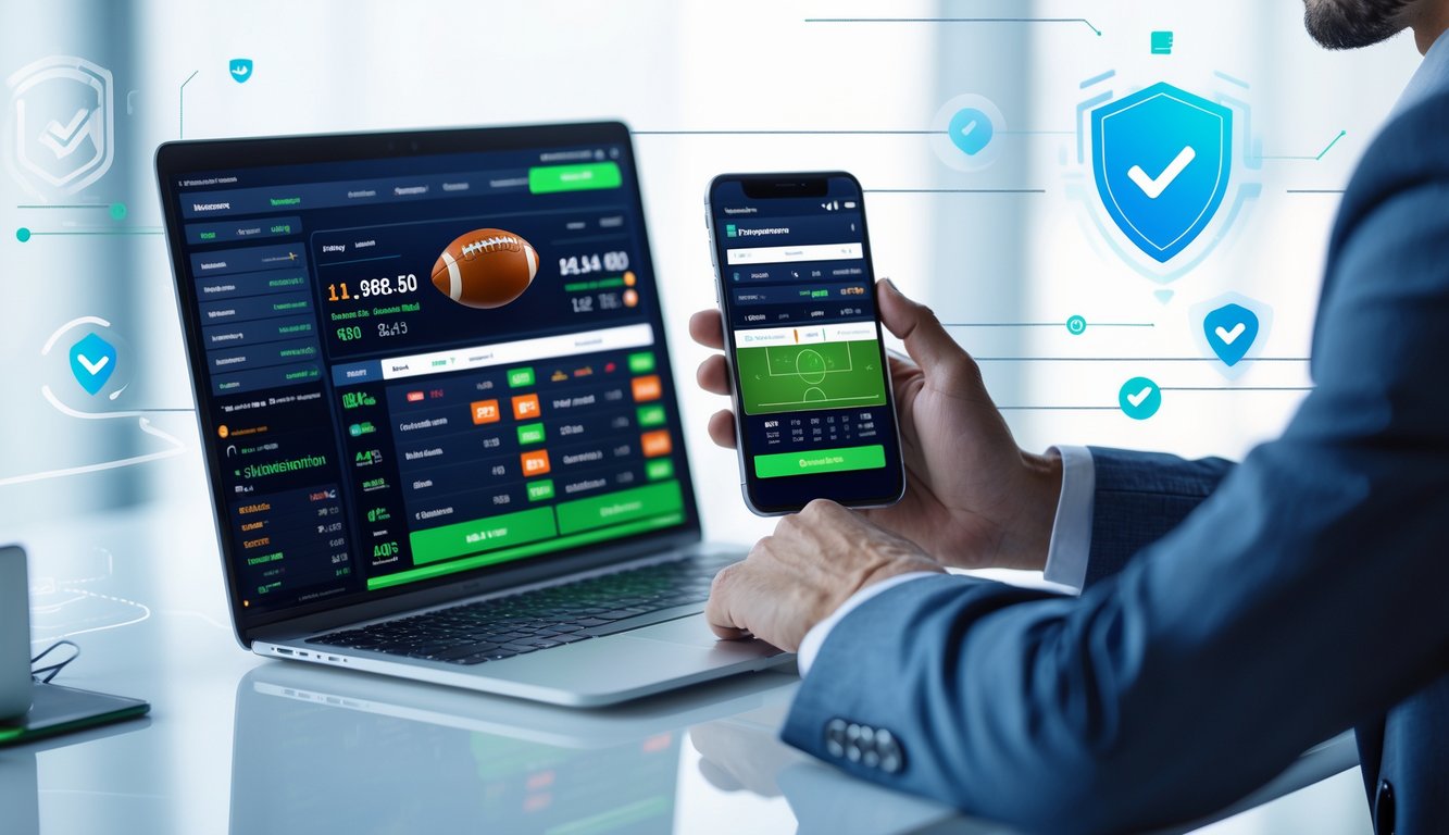 Seorang profesional menggunakan laptop dan ponsel untuk melihat pilihan taruhan olahraga online dengan latar belakang yang menunjukkan elemen kepercayaan dan teknologi.