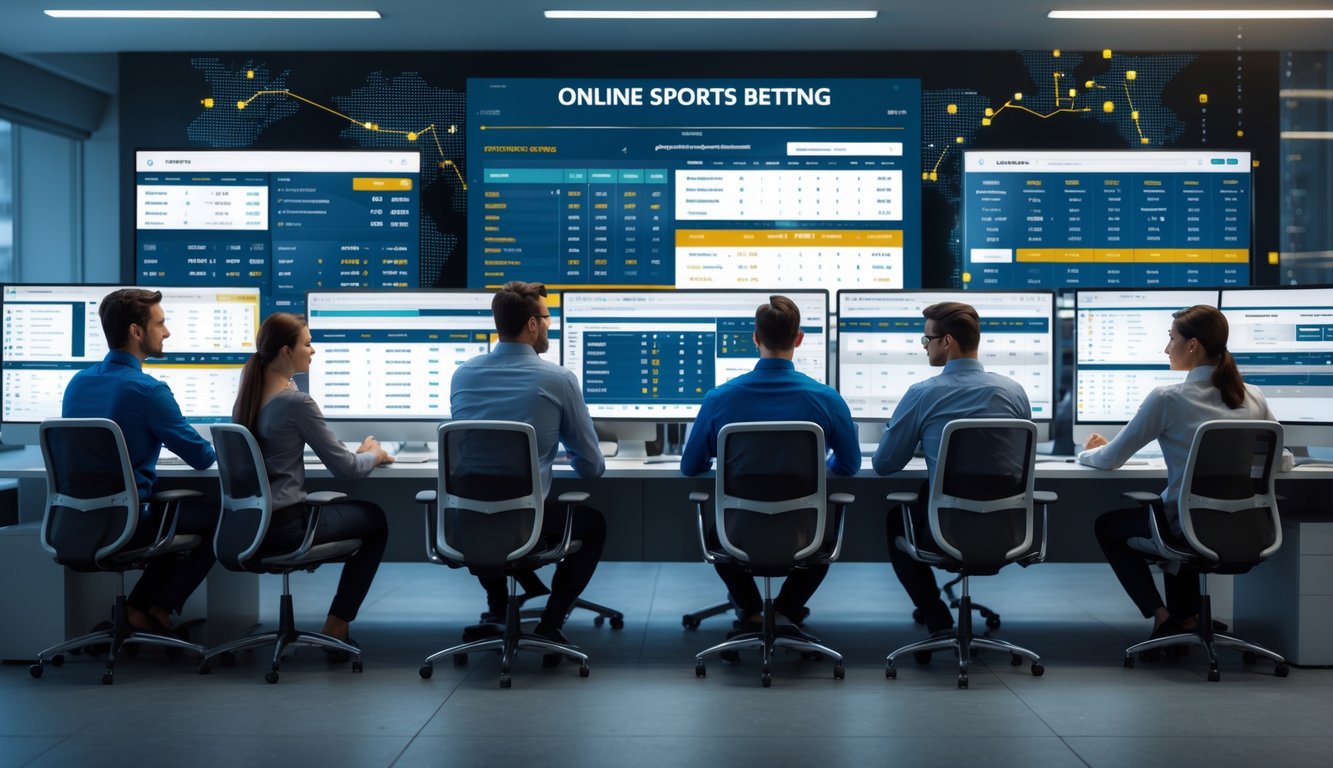 Sekelompok orang sedang menganalisis data olahraga dan peluang taruhan di sebuah kantor modern dengan beberapa layar komputer besar.