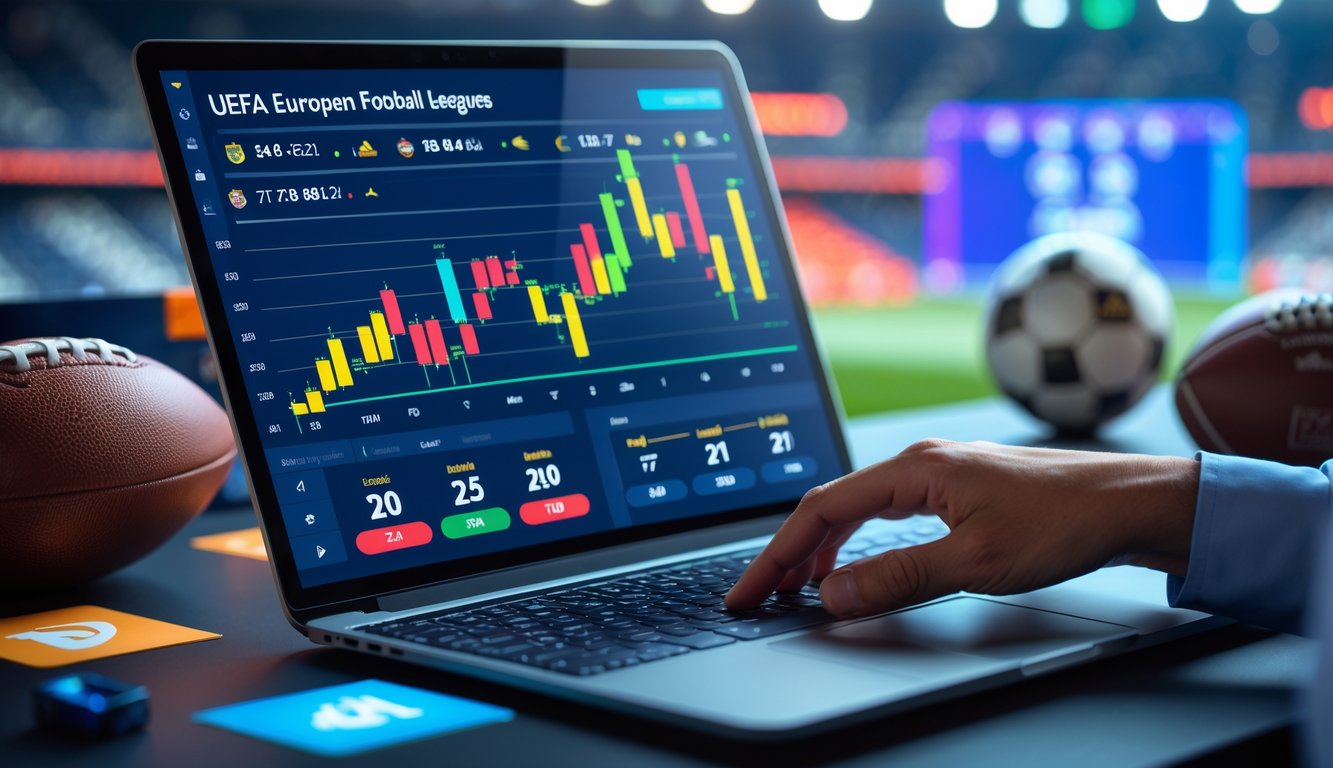 Seseorang menggunakan laptop dengan layar yang menampilkan peluang taruhan sepak bola Liga Champions dan liga top Eropa, dengan bola sepak dan stadion di latar belakang.
