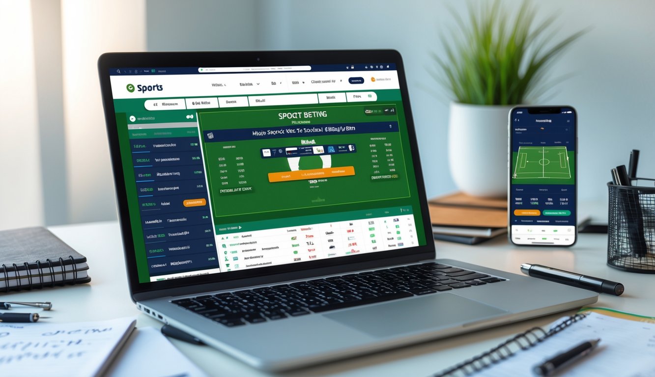 Seorang pria menggunakan laptop di meja kerja dengan tampilan situs taruhan sepak bola online yang menampilkan peluang dan pasar handicap.