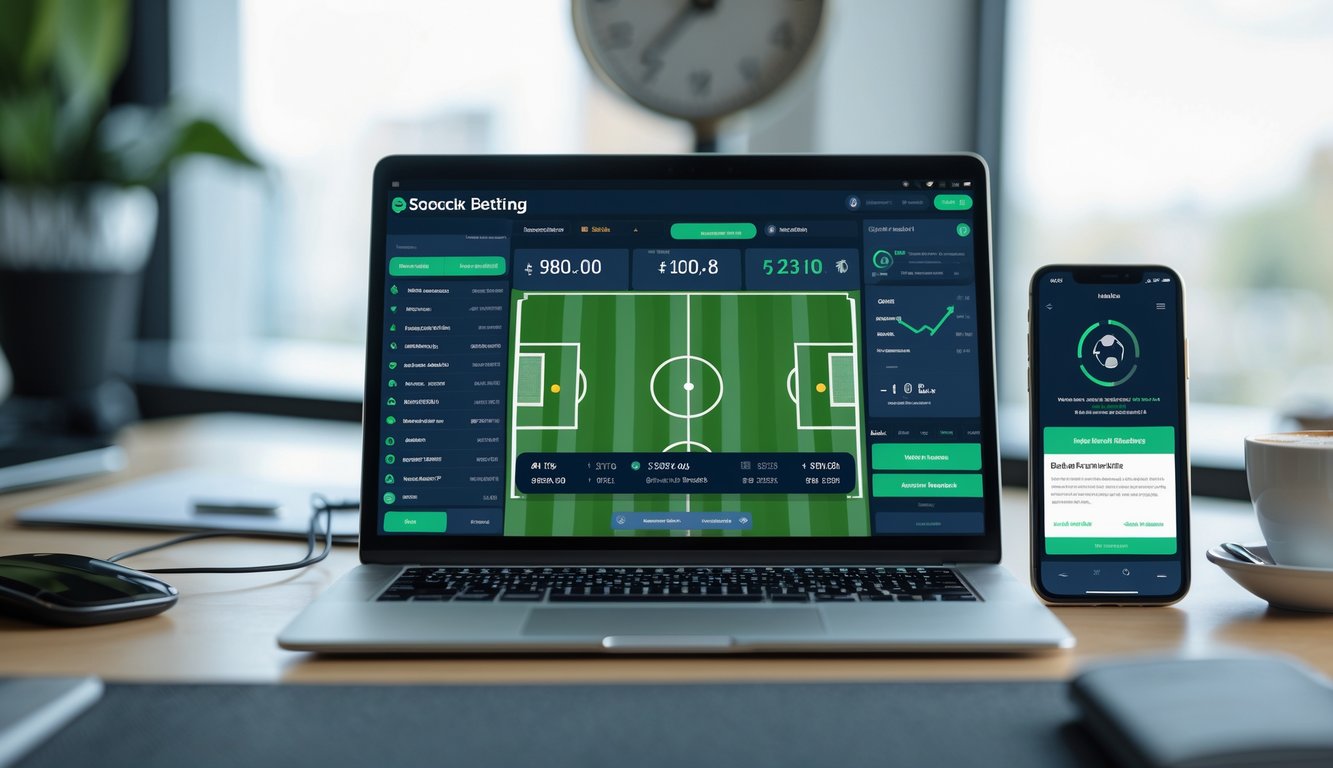 Seorang pria menggunakan laptop dan ponsel untuk memasang taruhan bola secara online di ruang kerja modern.