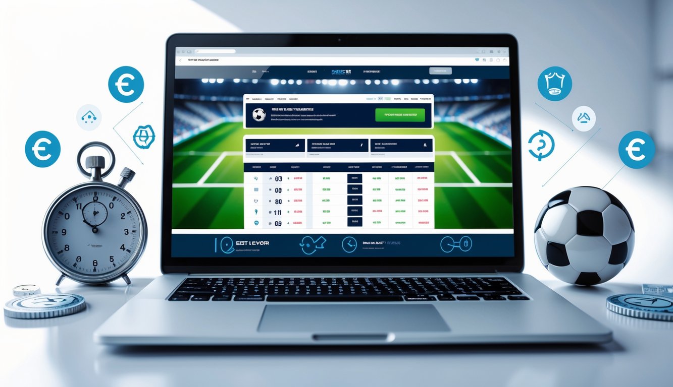 Seorang pengguna komputer dengan layar menampilkan situs taruhan bola online, dikelilingi ikon transaksi cepat dan simbol sepak bola.