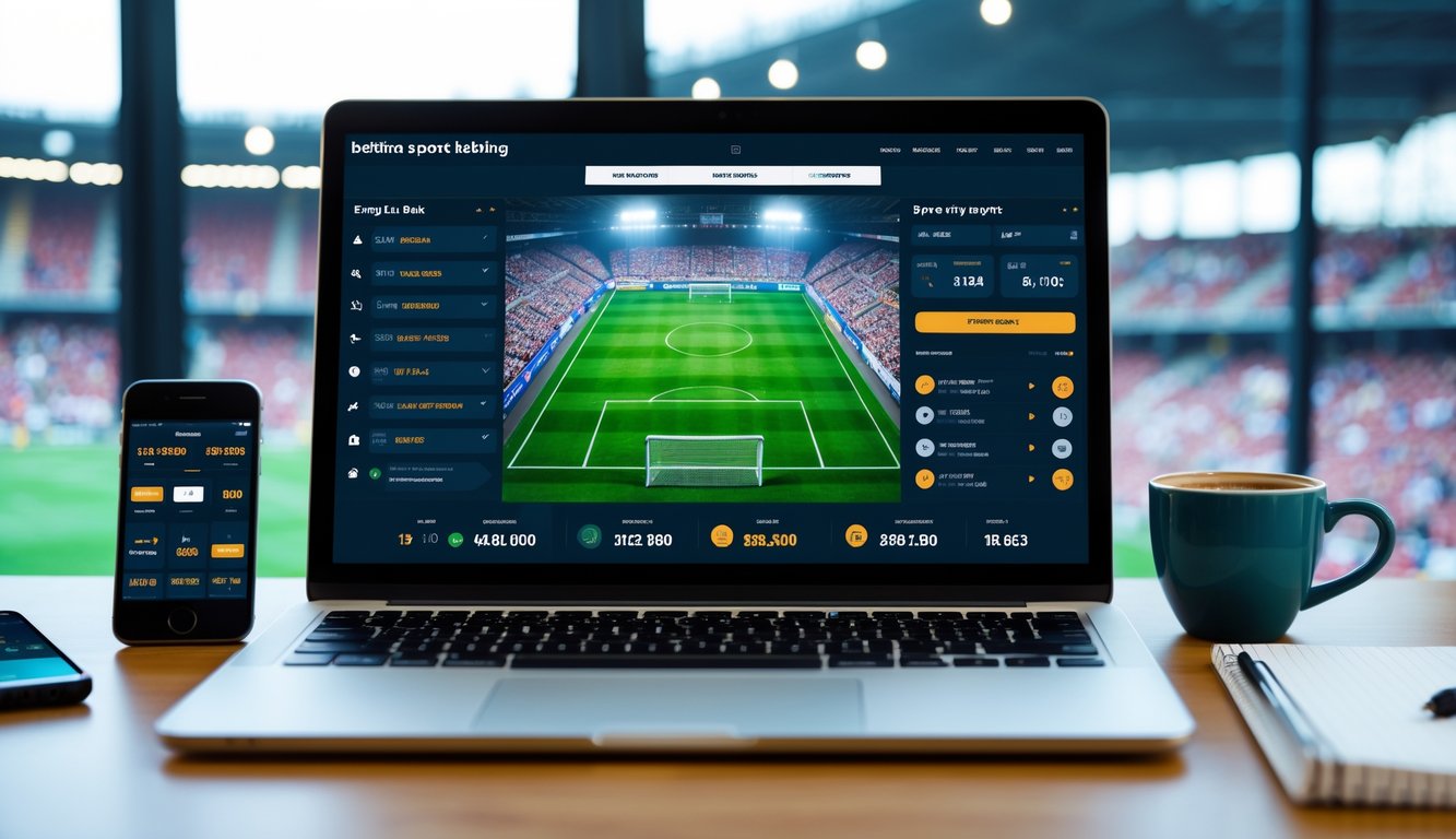 Seseorang menggunakan komputer dengan tampilan situs taruhan bola online dan latar belakang stadion sepak bola yang ramai.