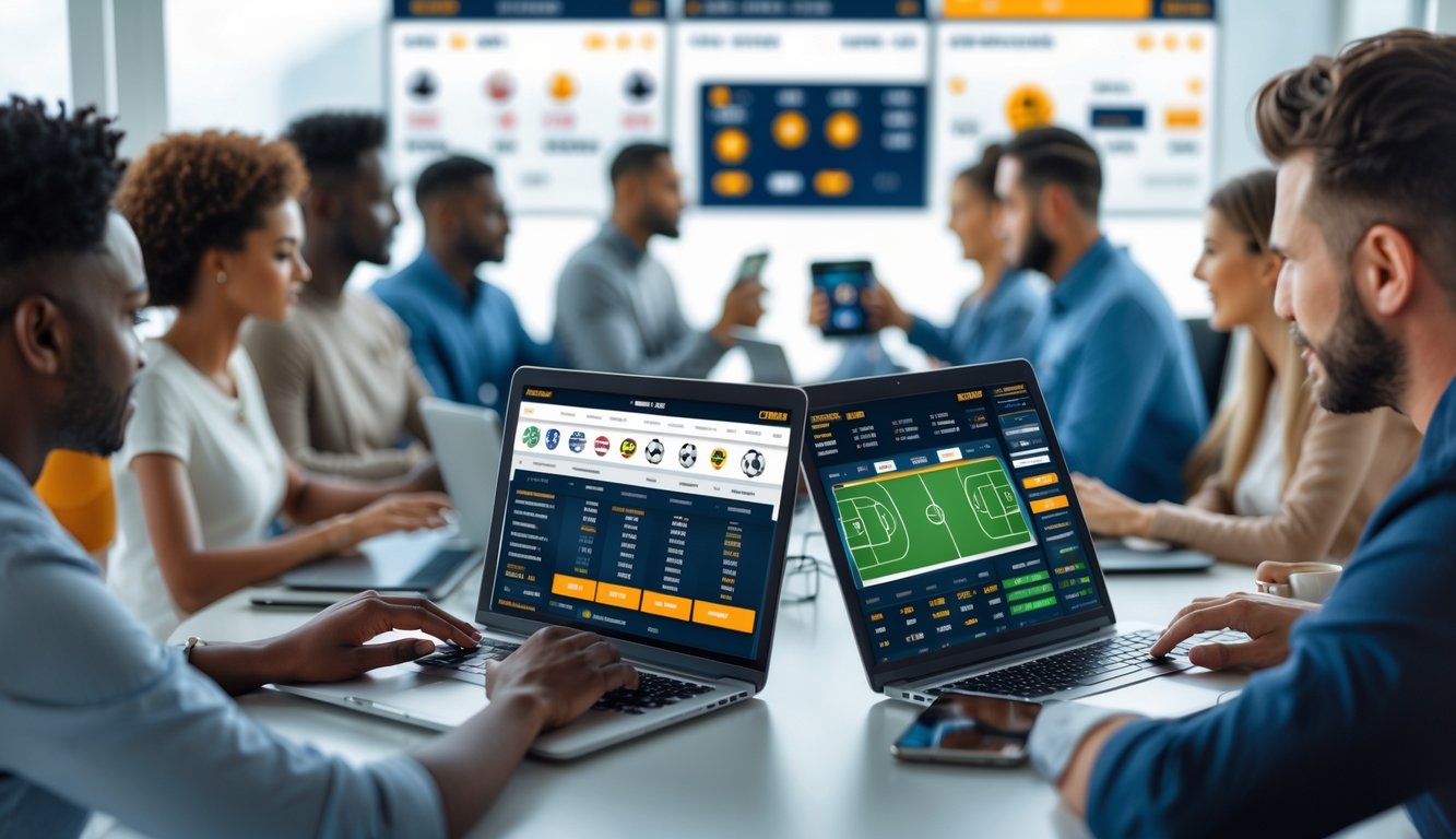 Orang-orang menggunakan perangkat digital untuk bertaruh olahraga online dengan tampilan layar yang menampilkan berbagai pilihan taruhan dan peluang.
