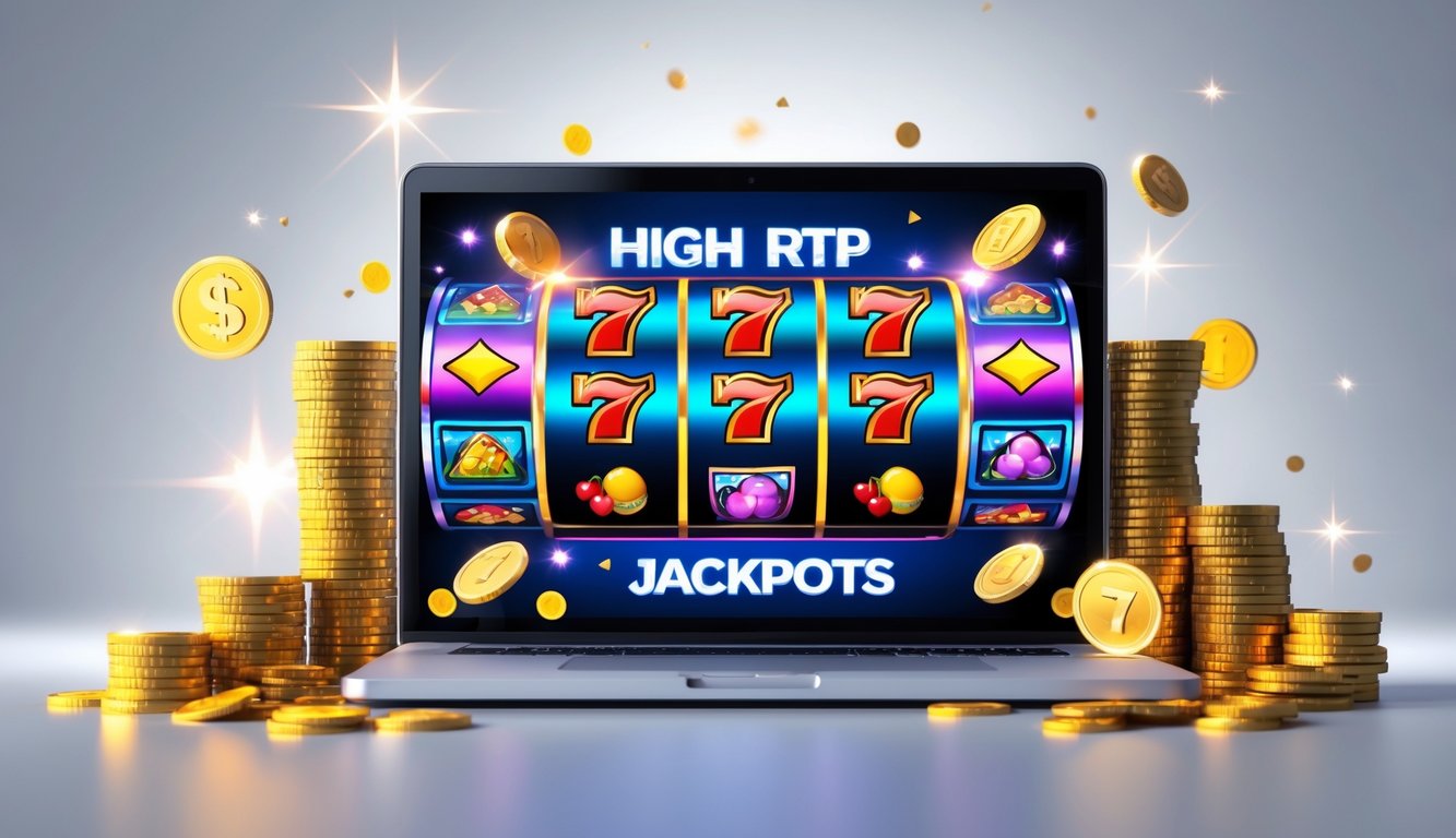 Seorang pengguna bermain game slot online dengan layar komputer menampilkan gulungan slot berwarna-warni dan simbol jackpot, dikelilingi oleh koin emas dan chip kasino.