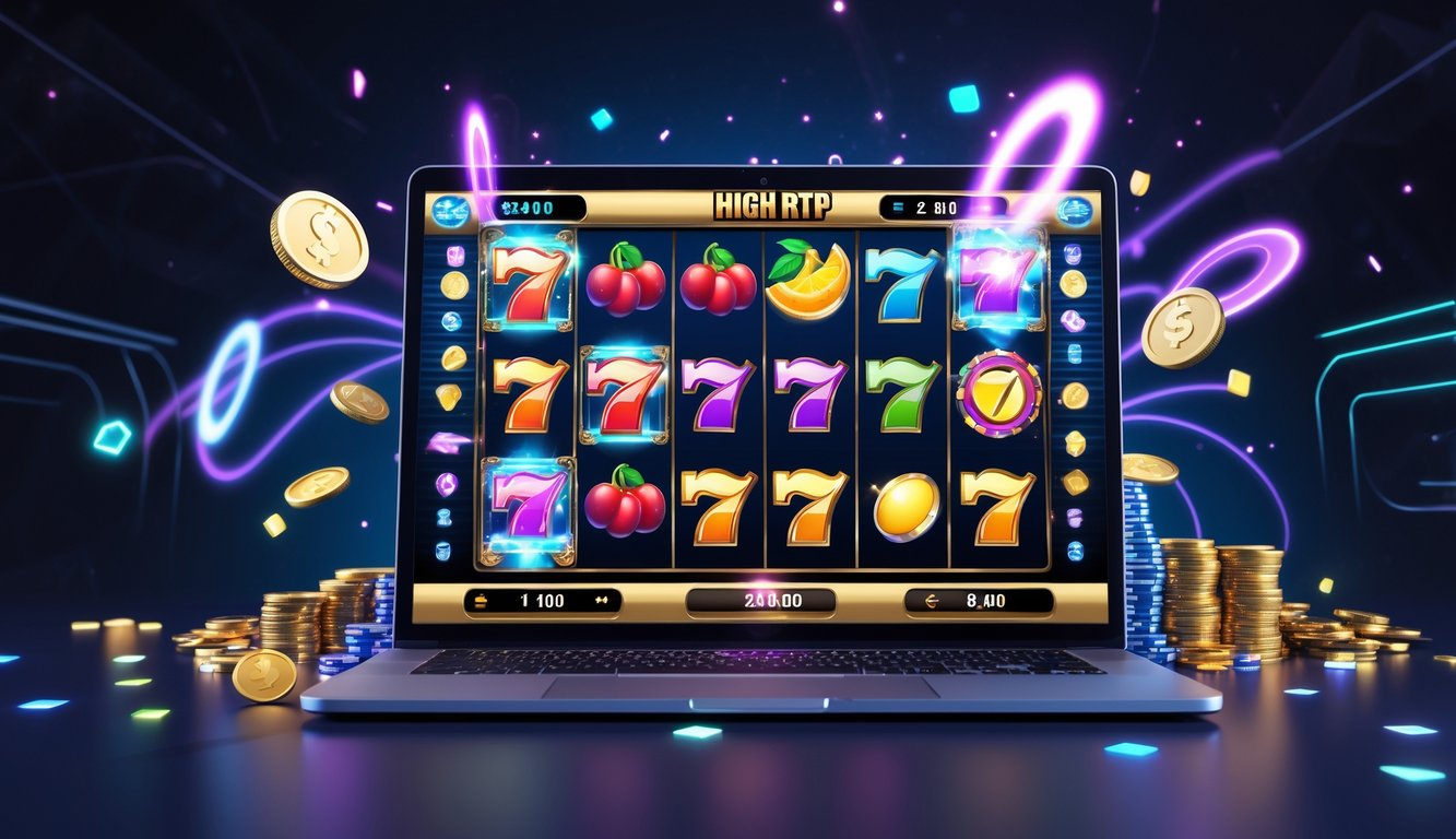 Layar komputer menampilkan permainan slot online dengan simbol warna-warni dan ikon jackpot di sekitarnya.