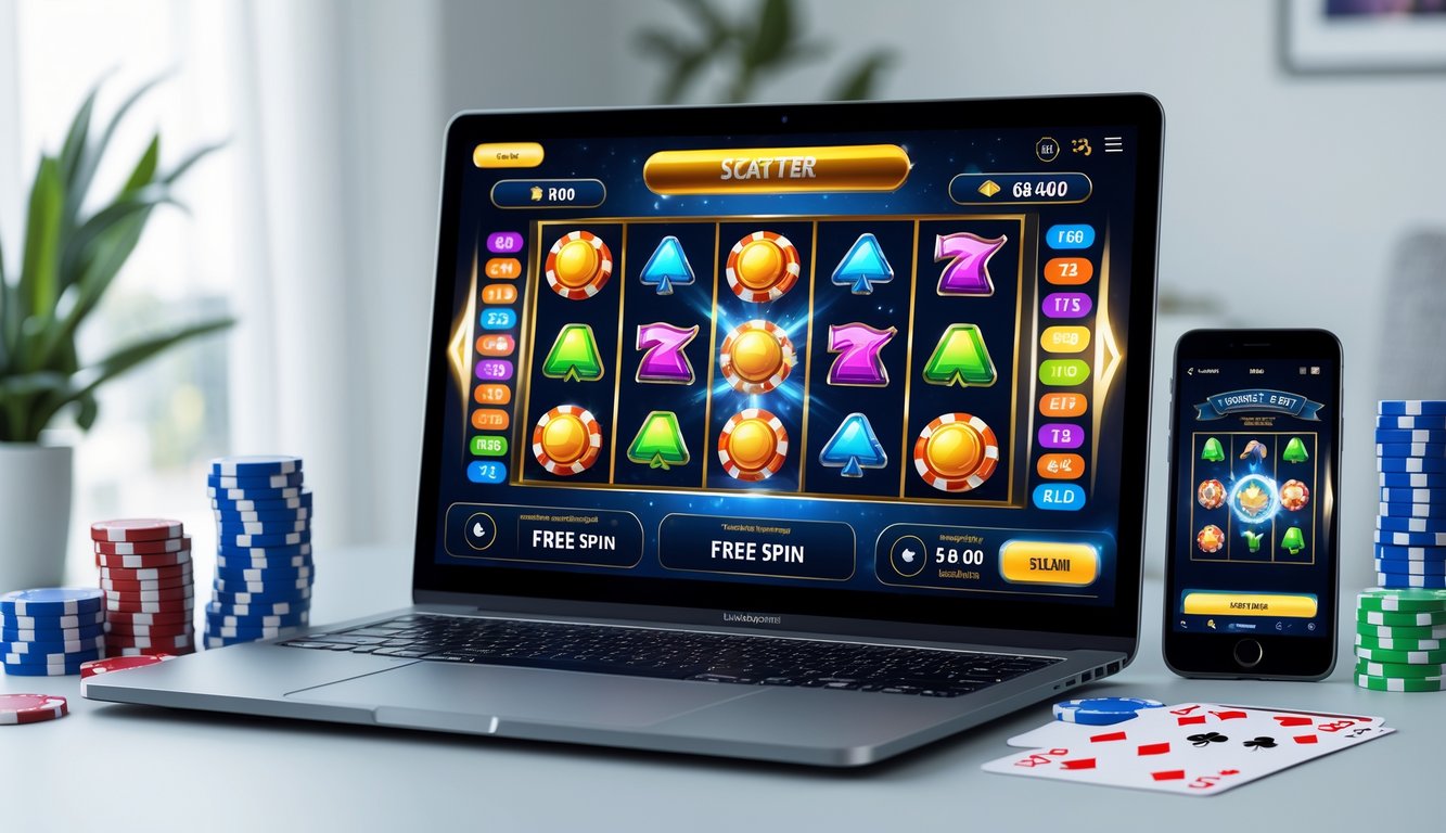 Sebuah laptop menampilkan permainan slot online dengan simbol scatter dan free spin, dikelilingi oleh chip poker dan kartu remi di atas meja yang rapi.