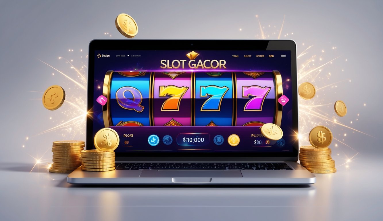 Layar komputer menampilkan permainan slot online dengan simbol scatter dan free spin, dikelilingi koin emas dan chip poker.