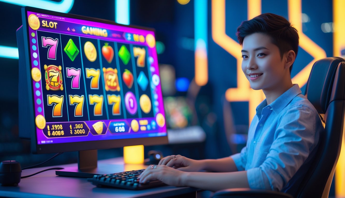 Seorang pemain muda duduk di depan komputer dengan layar menampilkan permainan slot online penuh warna, terlihat fokus dan optimis.