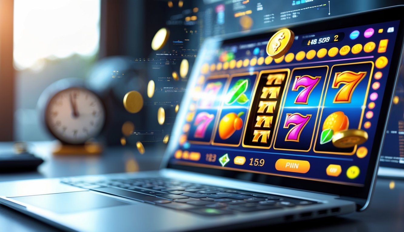 Sebuah layar komputer menampilkan mesin slot dengan simbol warna-warni dan jam di latar belakang, menggambarkan suasana permainan slot online yang sukses.