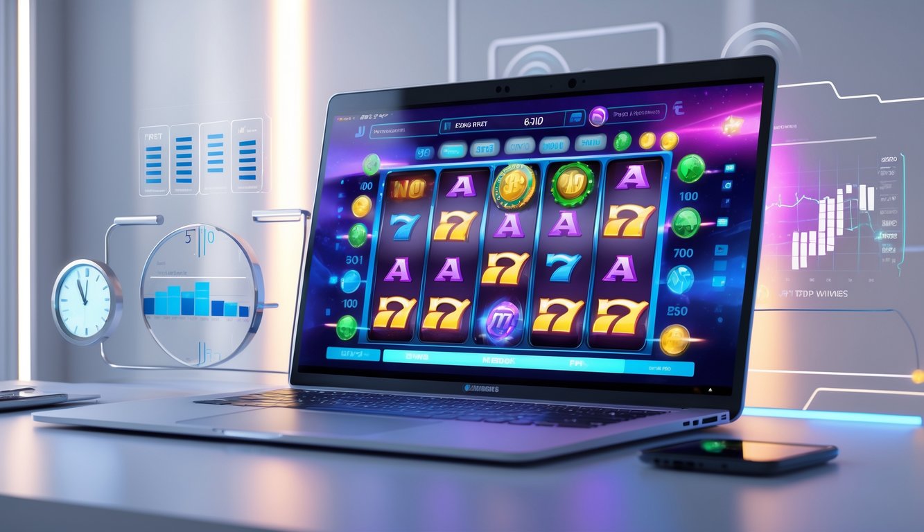 Sebuah komputer dengan permainan slot online yang menampilkan gulungan warna-warni dan elemen jam digital serta grafik pola kemenangan di sekitarnya.