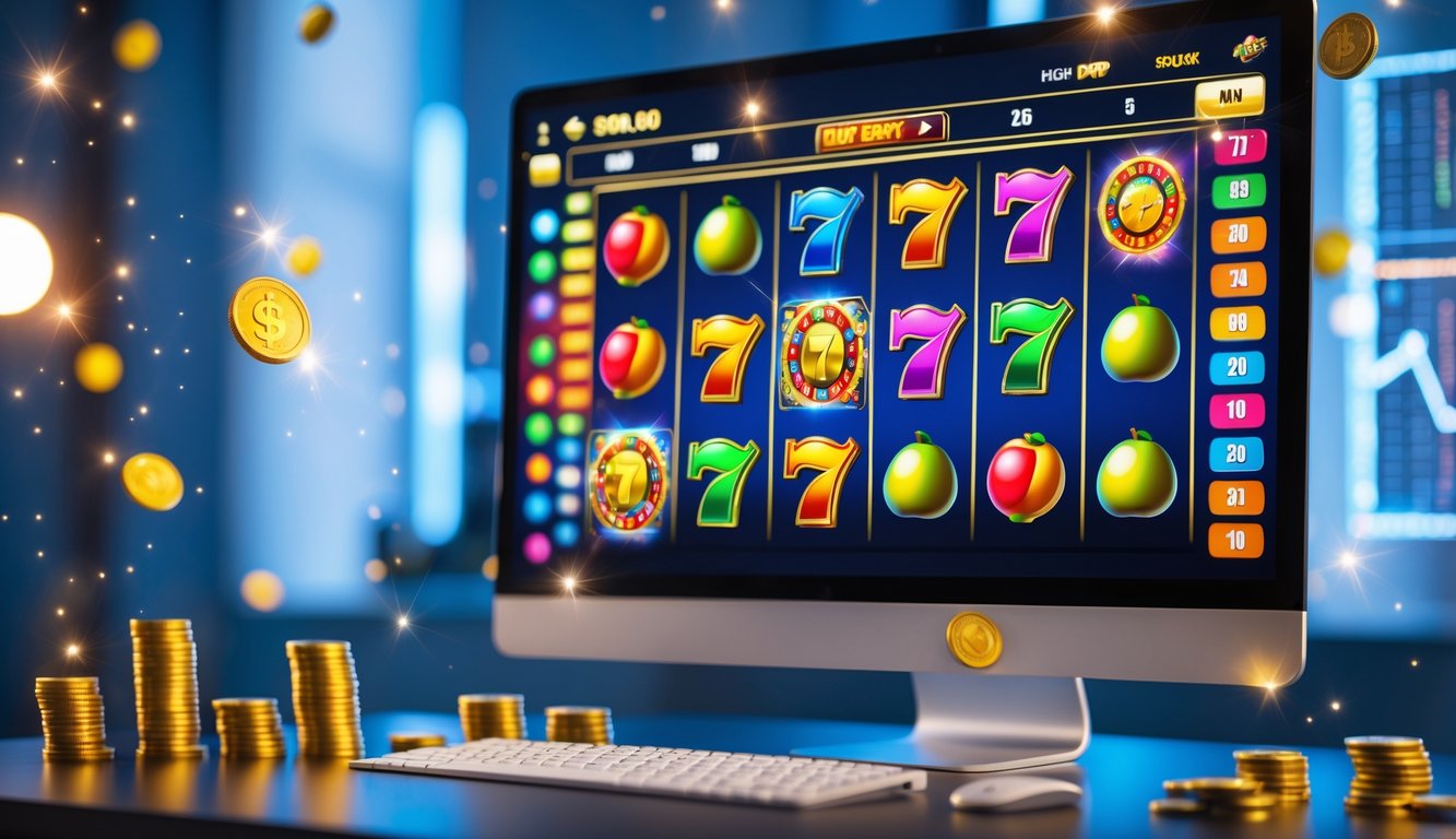 Tampilan layar komputer dengan permainan slot online penuh warna dan simbol keberuntungan di ruangan gaming modern.