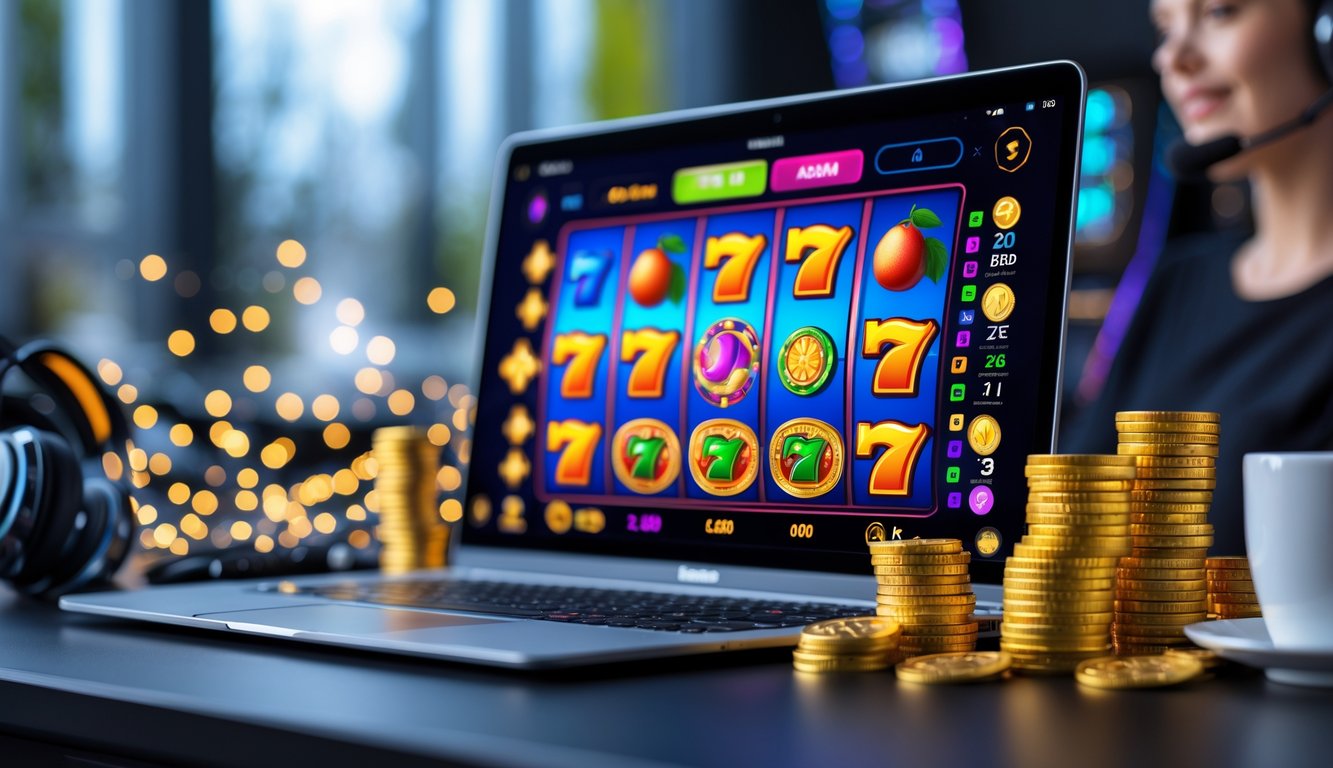 Seorang pemain menggunakan komputer dengan layar menampilkan permainan slot online yang berwarna-warni dan simbol kemenangan, dikelilingi oleh koin emas dan lampu berkilauan.