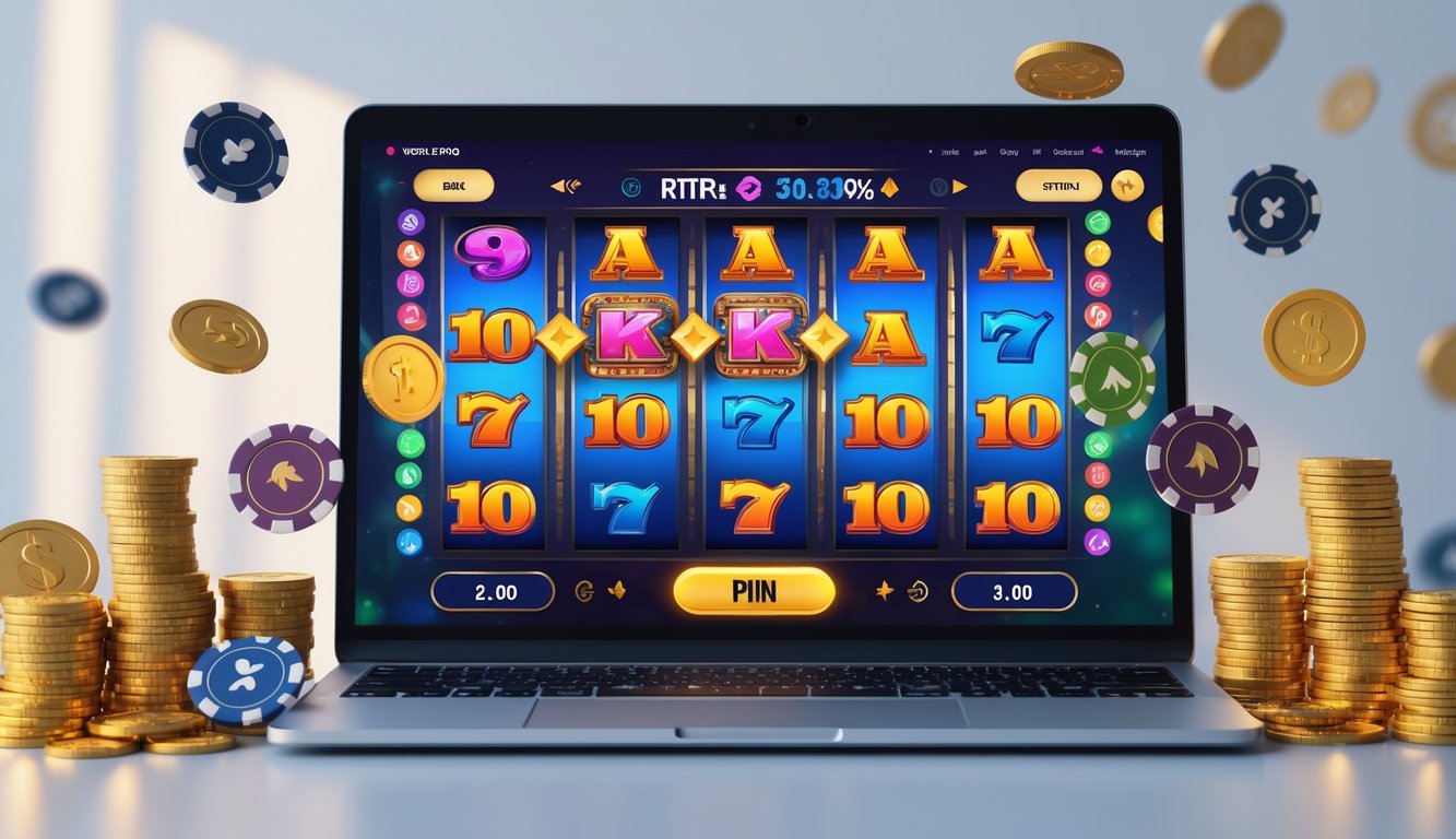 Seorang pemain sedang menggunakan komputer dengan tampilan permainan slot online yang penuh warna dan simbol keberuntungan di sekitarnya.