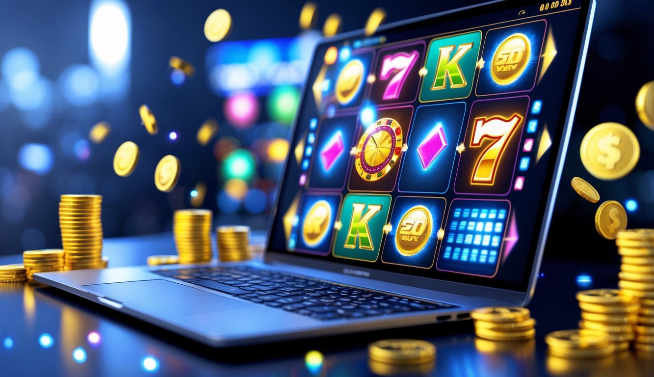 Layar komputer menampilkan permainan slot online dengan ikon warna-warni dan koin emas di sekitarnya, menunjukkan suasana permainan judi online yang menyenangkan.