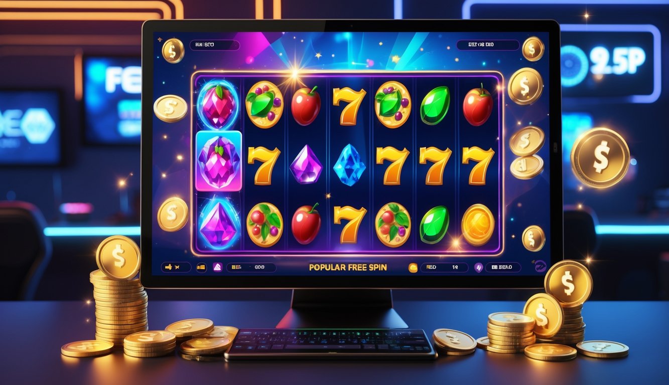 Layar komputer menampilkan mesin slot online dengan simbol warna-warni dan suasana ruangan permainan yang modern dan terang.