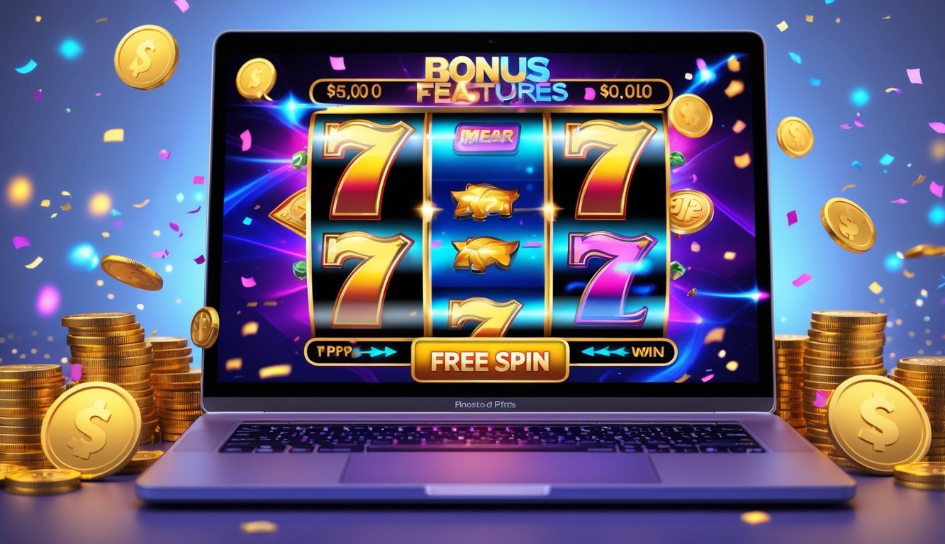 Layar komputer menampilkan permainan slot online dengan grafik warna-warni dan simbol bonus, dikelilingi koin emas dan cahaya berkilau.