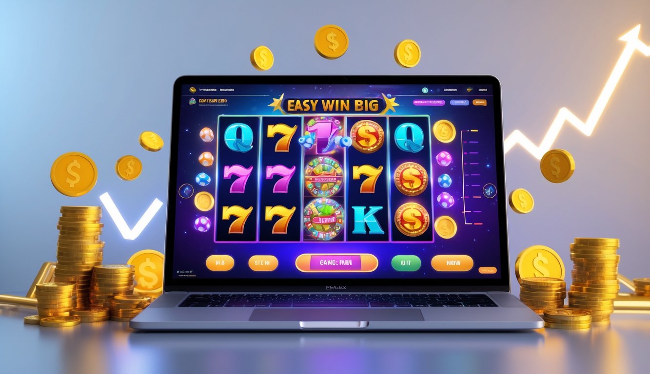 Seorang pemain sedang bermain game slot online di laptop dengan grafik permainan yang berwarna-warni dan koin digital di sekitarnya.
