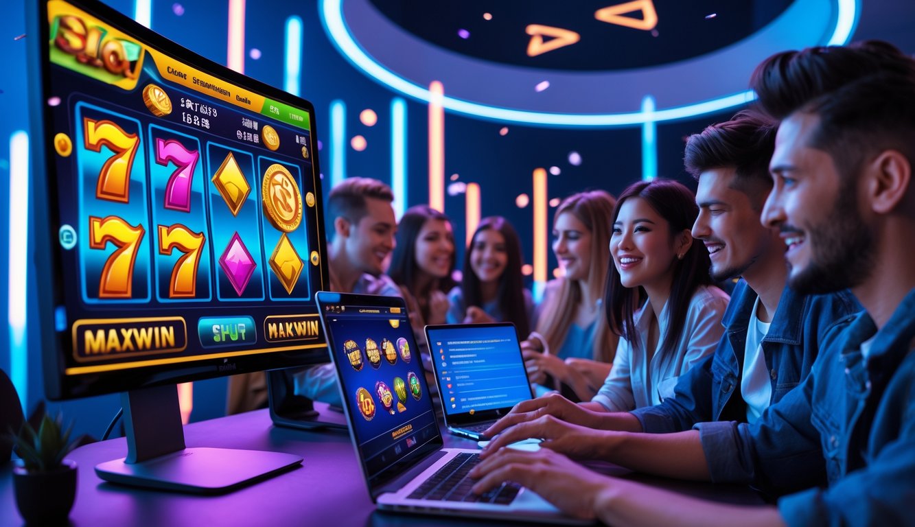 Beberapa orang muda sedang bermain game slot online di komputer dan ponsel di ruangan modern dengan suasana ceria dan penuh semangat.