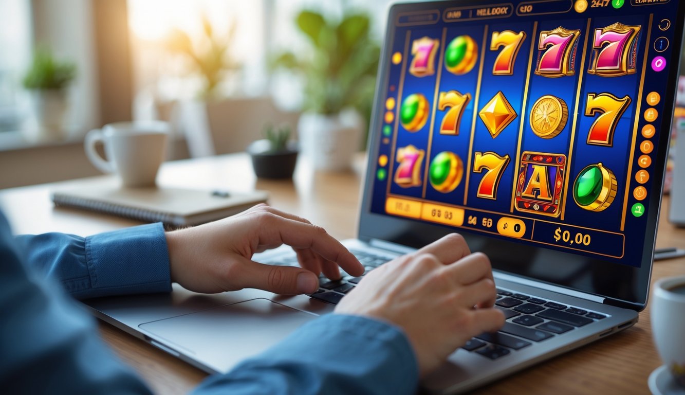 Seseorang sedang bermain permainan slot online di komputer dengan tampilan grafis warna-warni dan simbol keberuntungan.
