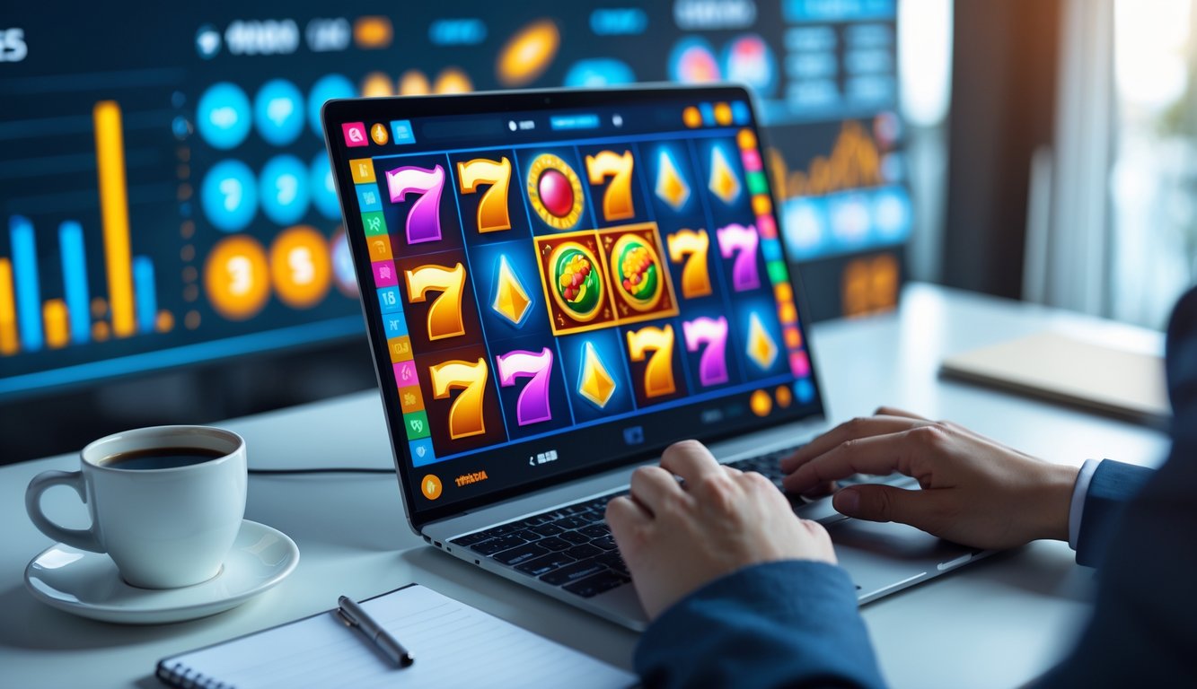 Seorang pengguna sedang bermain mesin slot online di komputer dengan latar belakang teknologi digital dan suasana kerja yang rapi.