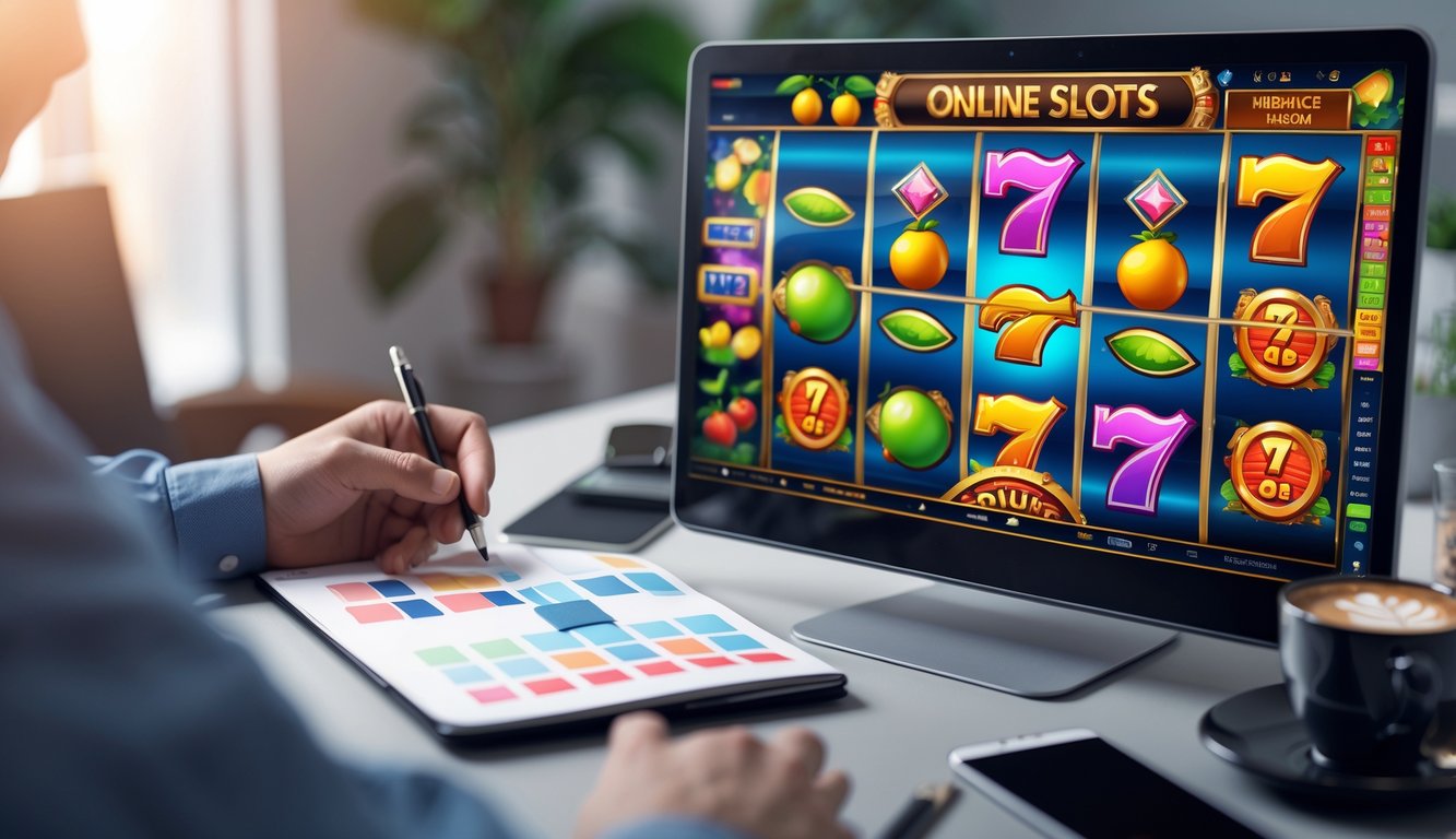 Seseorang duduk di depan komputer dengan layar menampilkan permainan slot online, sambil mencatat pola dan strategi menang di meja kerja.