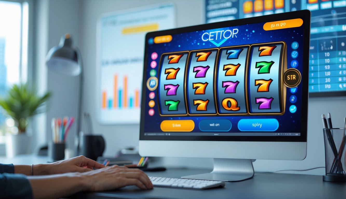 Tampilan mesin slot online di layar komputer dengan latar ruang kerja modern dan elemen strategi permainan.