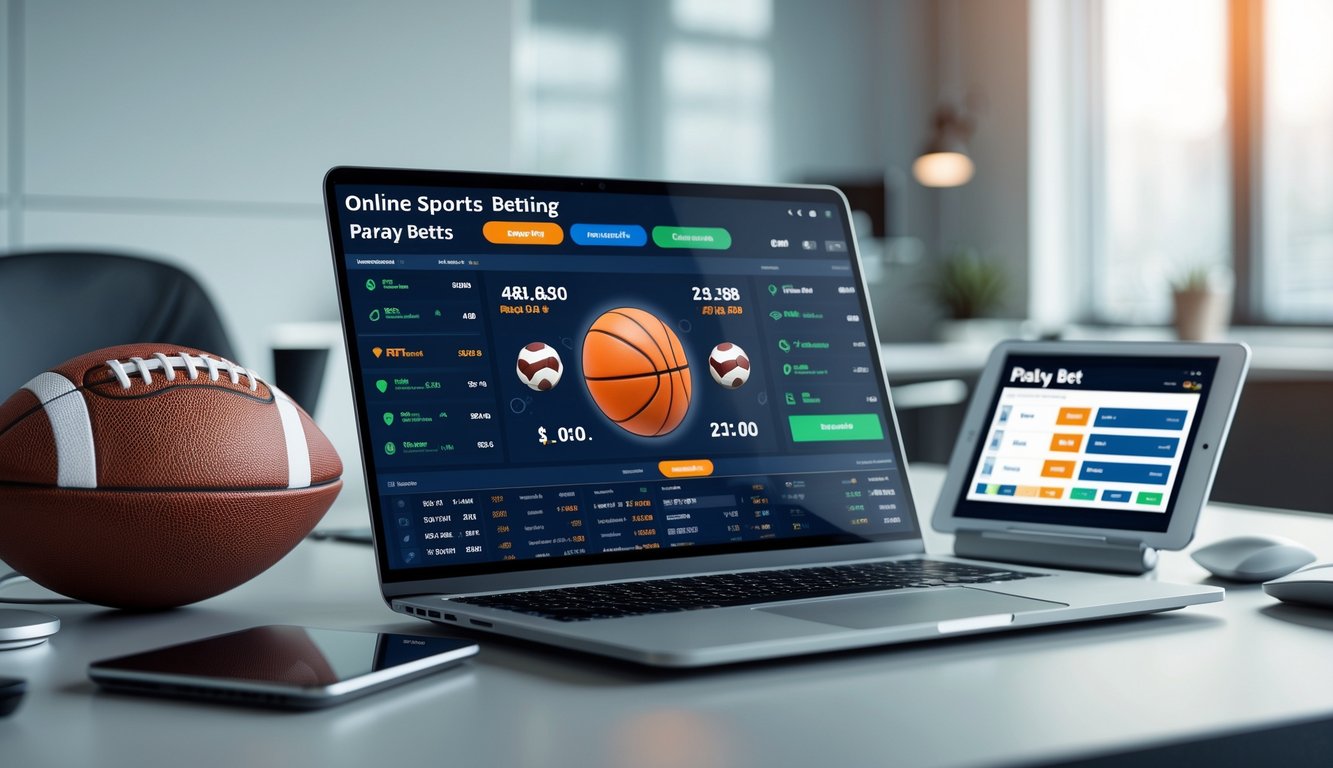 Seorang pria duduk di depan laptop dengan layar menampilkan statistik taruhan sepak bola dan basket, dikelilingi bola sepak bola dan bola basket di meja kerja modern.