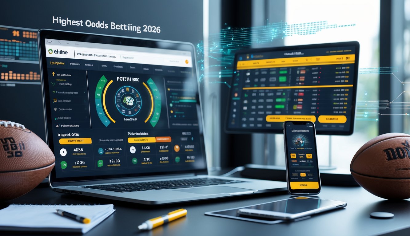 Seorang pengguna di depan laptop dengan antarmuka taruhan olahraga menampilkan odds sepak bola dan basket, di meja terdapat bola sepak dan bola basket.