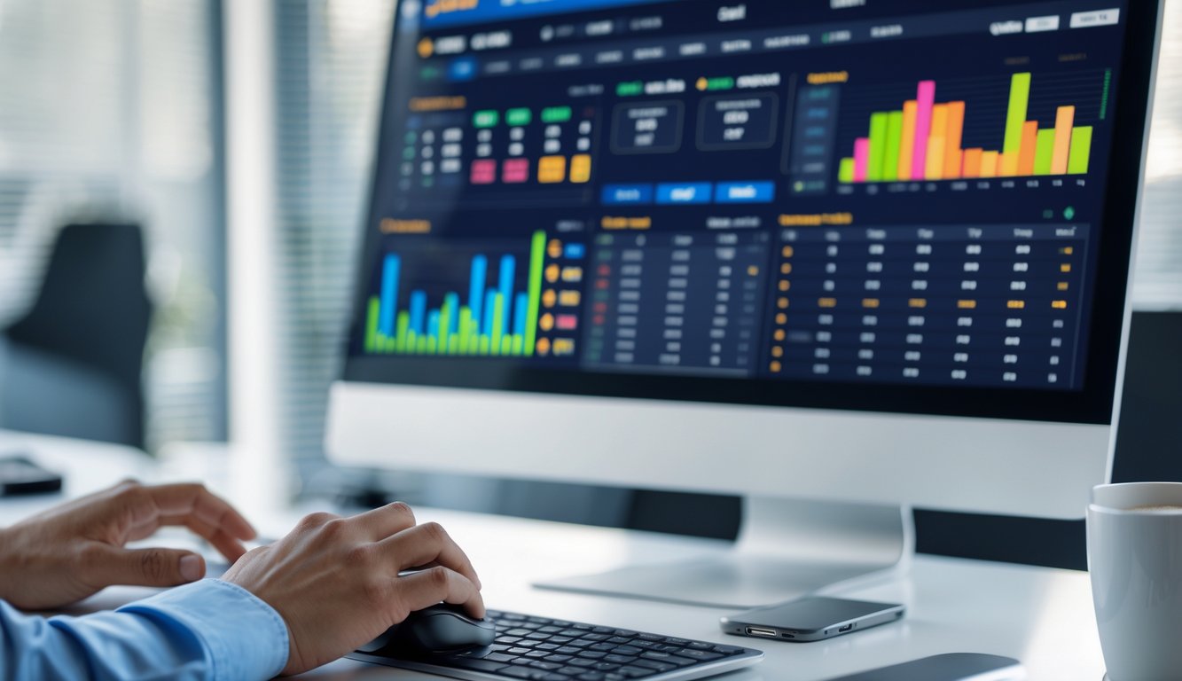 Meja kerja modern dengan komputer menampilkan data taruhan olahraga online dan tangan seseorang menggunakan mouse dan keyboard.