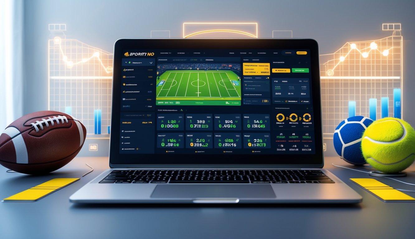 Meja kerja modern dengan laptop yang menampilkan antarmuka taruhan olahraga online dan beberapa bola olahraga di sekitarnya.