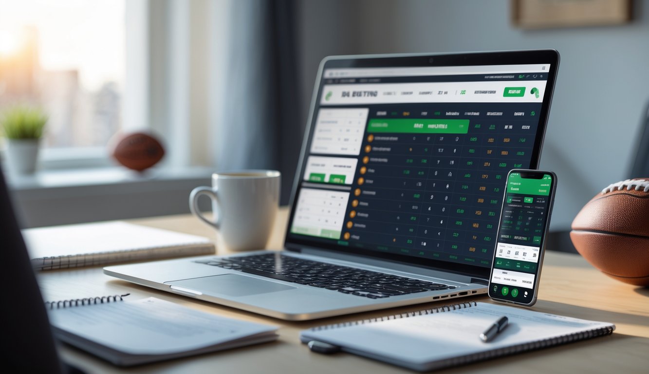 Sebuah meja kerja dengan laptop dan ponsel yang menampilkan situs taruhan olahraga online dengan angka odds, di sekitar meja terdapat cangkir kopi dan alat tulis.