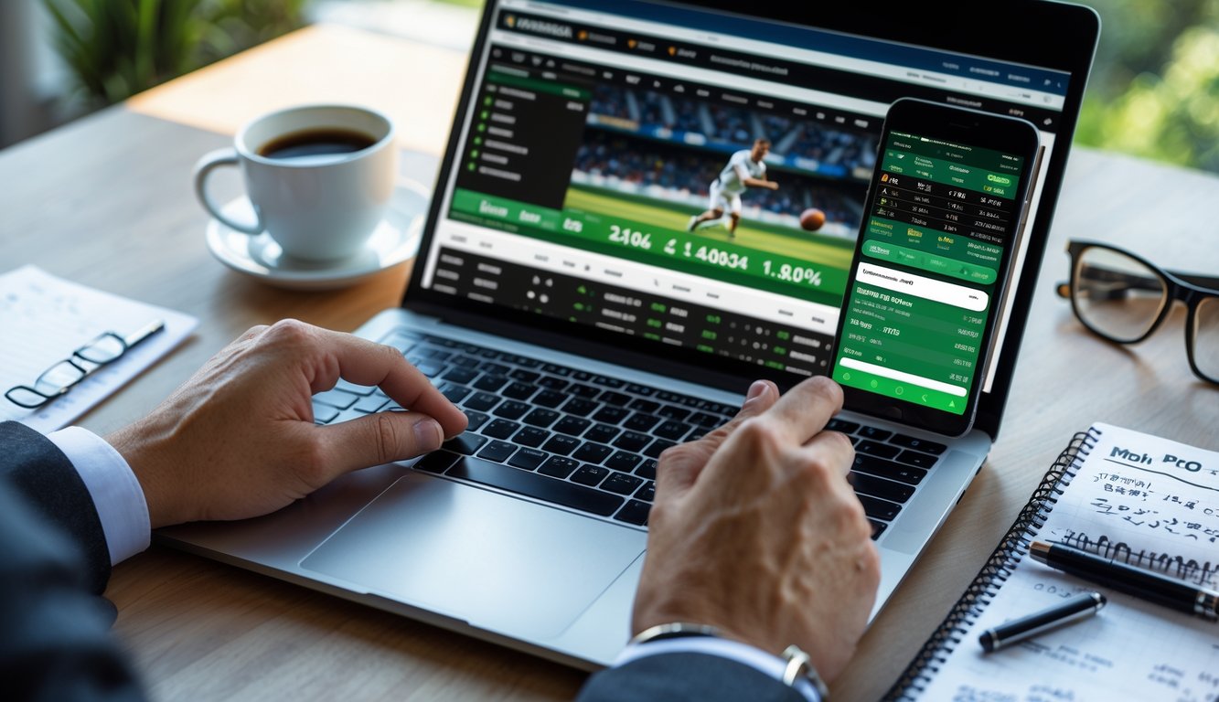 Meja kerja dengan laptop, ponsel, dan catatan yang menunjukkan aktivitas taruhan olahraga online.