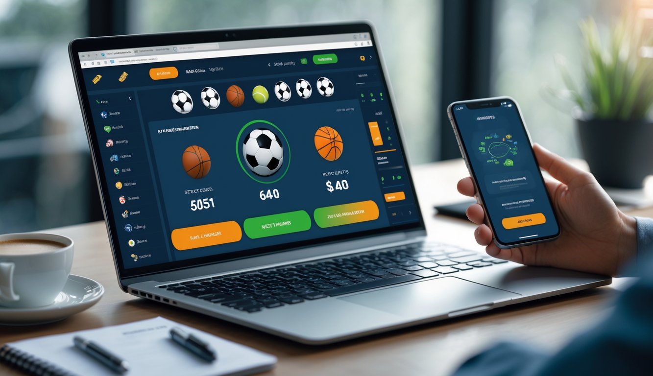 Seorang pria bekerja dengan laptop dan ponsel di meja, menampilkan antarmuka taruhan olahraga online dan konfirmasi pembayaran cepat.