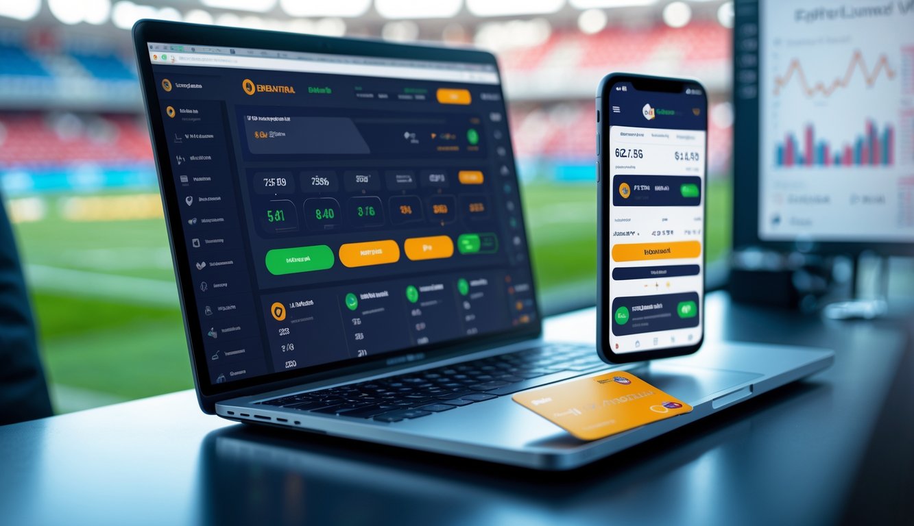 Sebuah ruang kerja digital modern dengan laptop dan ponsel yang menampilkan antarmuka taruhan olahraga online serta simbol pembayaran cepat.
