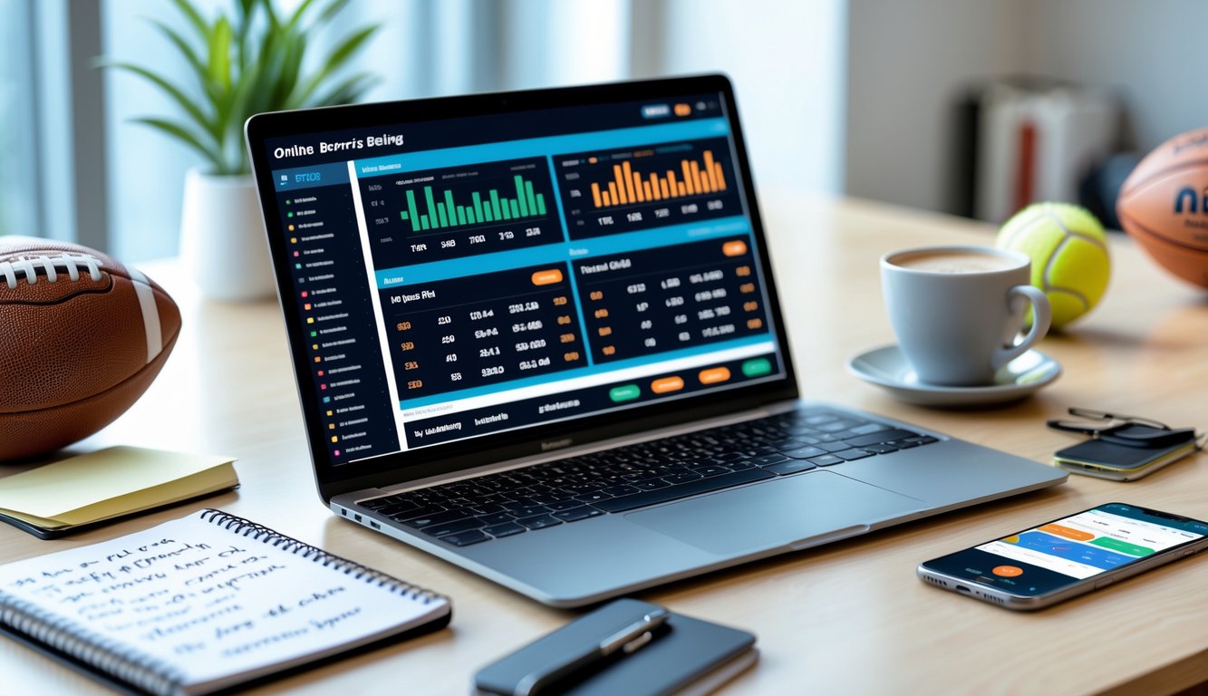 Meja kerja dengan laptop yang menampilkan statistik taruhan olahraga, smartphone dengan aplikasi taruhan, dan beberapa bola olahraga di sekitarnya.