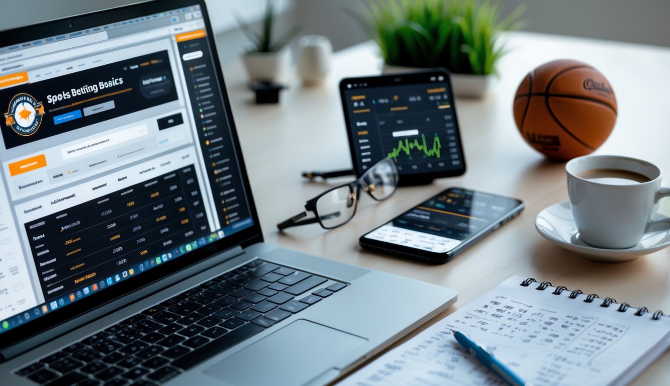 Meja kerja dengan laptop menampilkan situs taruhan olahraga, ponsel dengan skor pertandingan, dan catatan tulisan tangan.