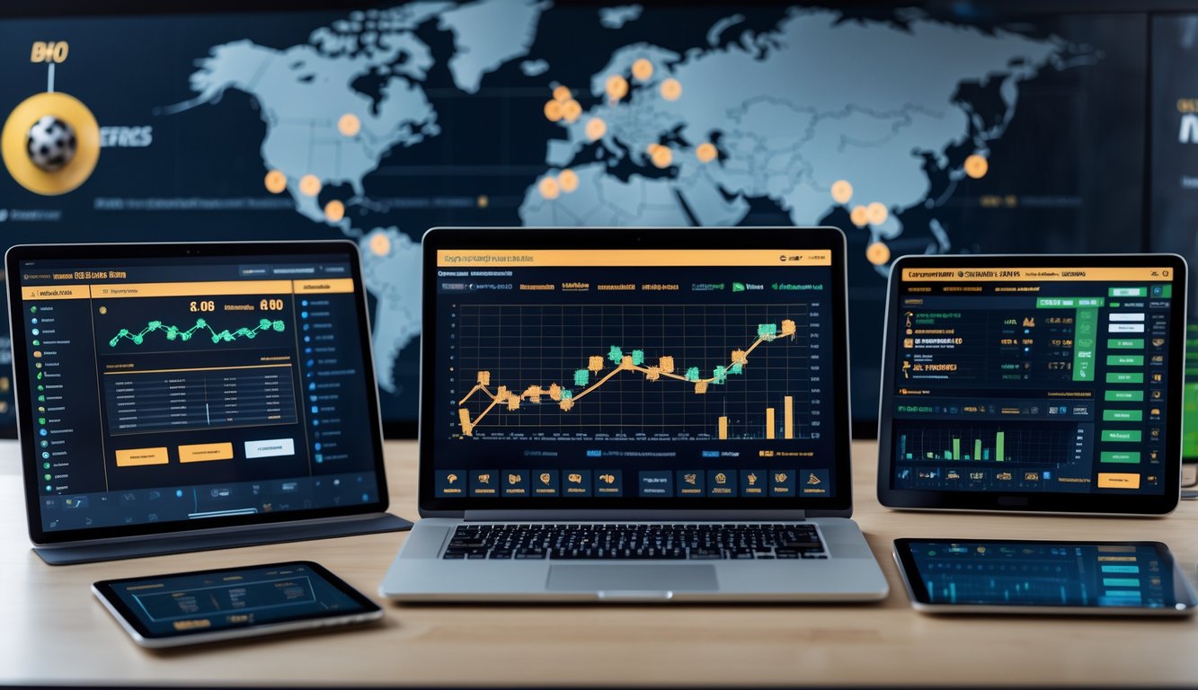 Meja kerja dengan beberapa perangkat digital yang menampilkan data taruhan olahraga dan grafik, dengan peta dunia di latar belakang yang menyoroti wilayah Asia dan internasional.