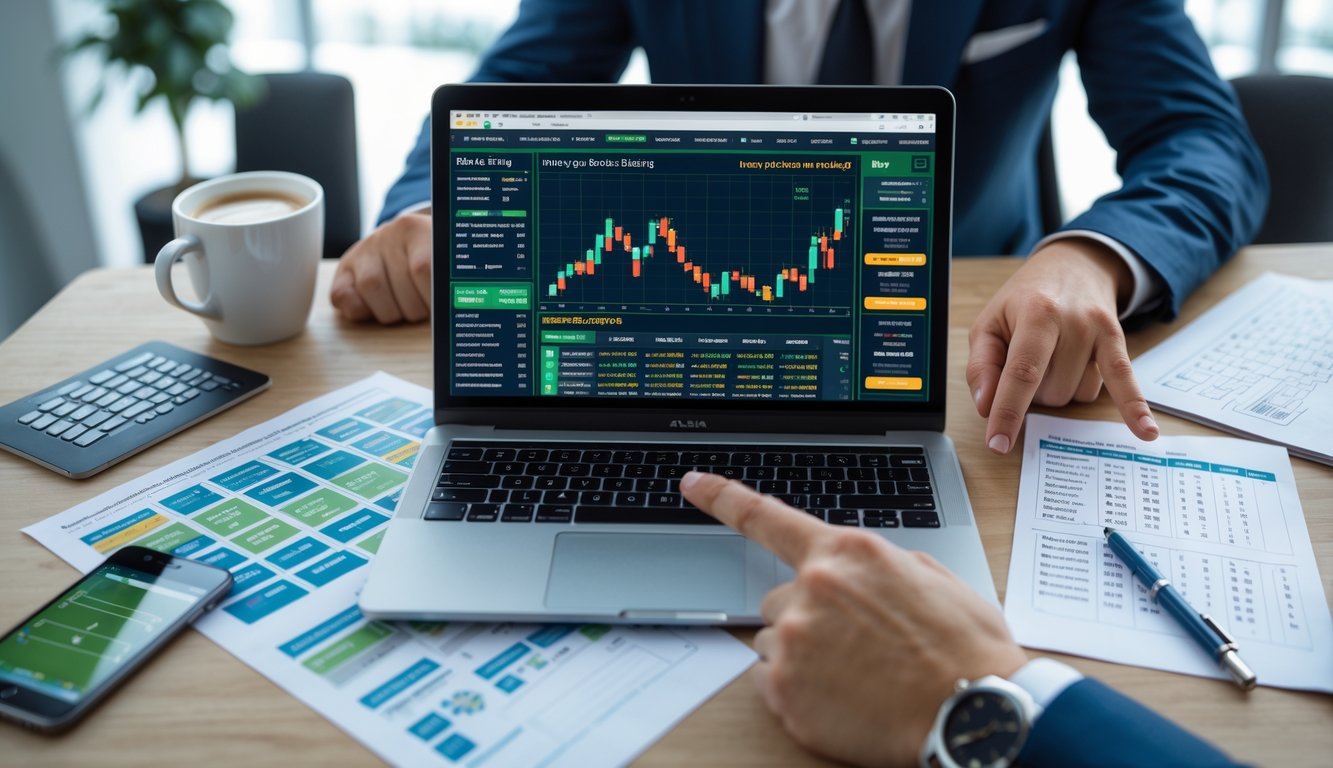 Meja kerja dengan laptop yang menampilkan grafik dan data taruhan olahraga, tangan seseorang menunjuk layar, di lingkungan kantor yang terang dan rapi.