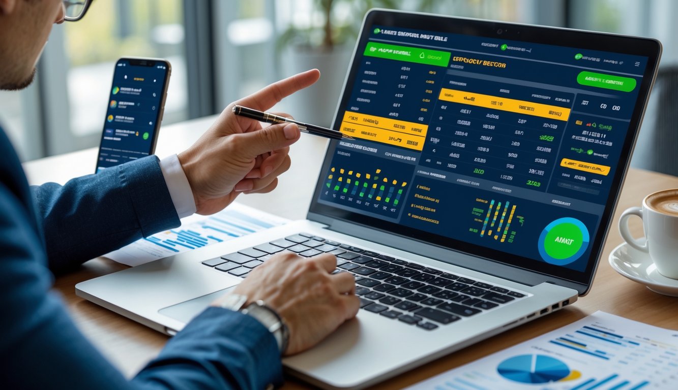 Seorang pria duduk di depan laptop yang menampilkan statistik taruhan olahraga, dengan grafik dan data di meja, sedang menganalisis informasi dengan serius.