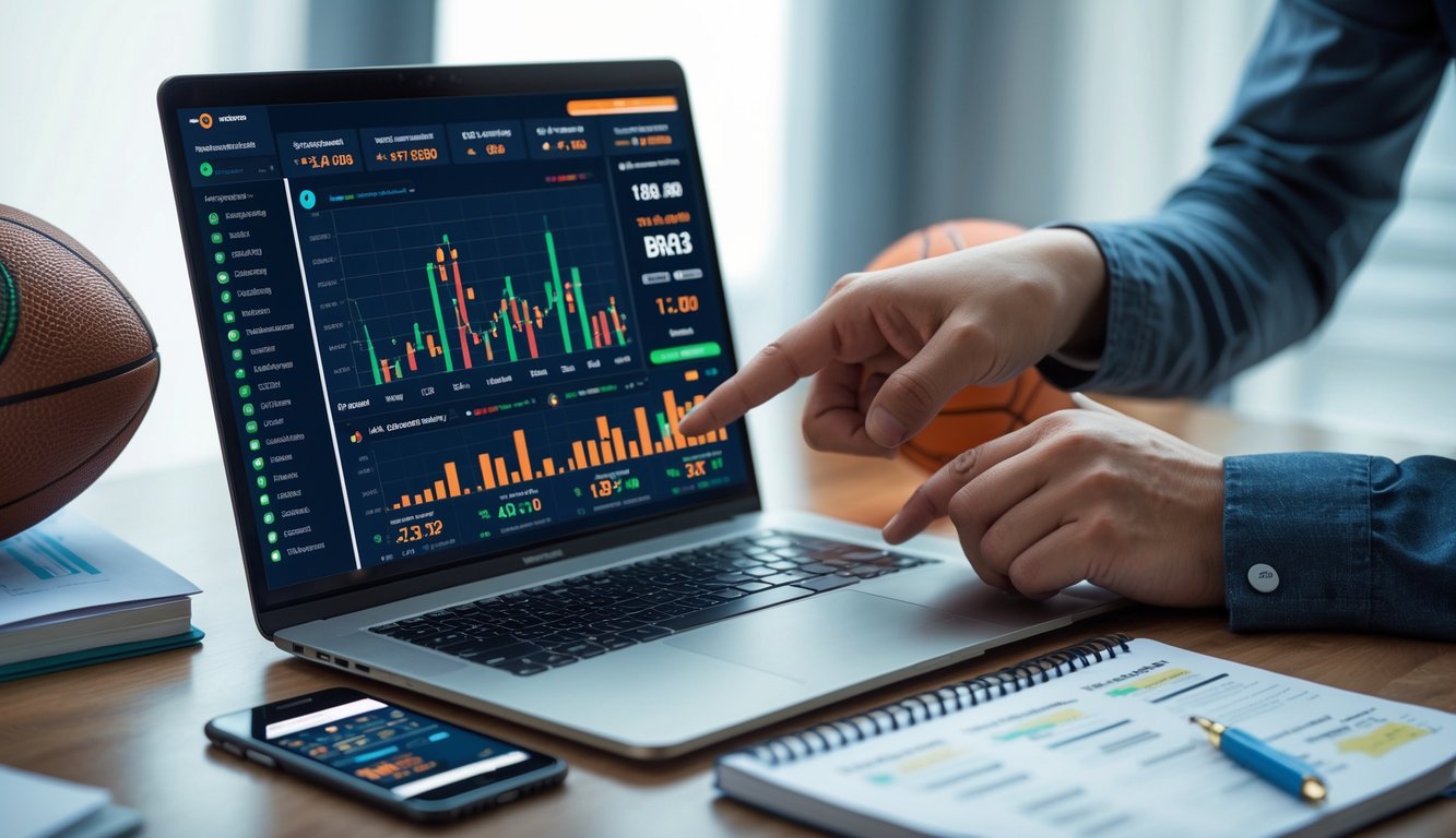 Seorang individu sedang menganalisis data taruhan olahraga di laptop dengan bola olahraga dan catatan strategi di meja.
