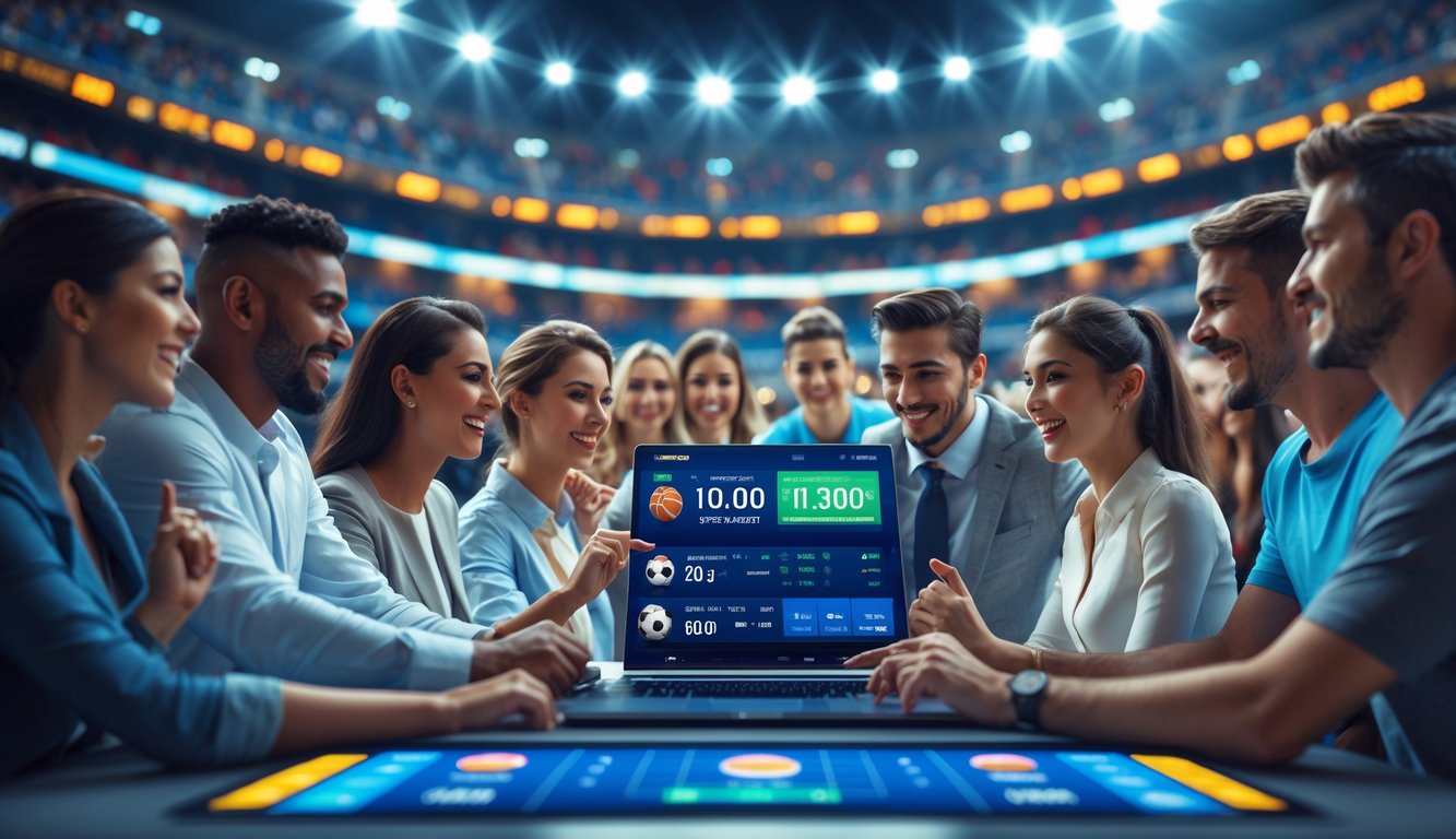 Orang-orang yang sedang menggunakan perangkat digital untuk memasang taruhan olahraga dengan latar belakang stadion olahraga yang ramai.