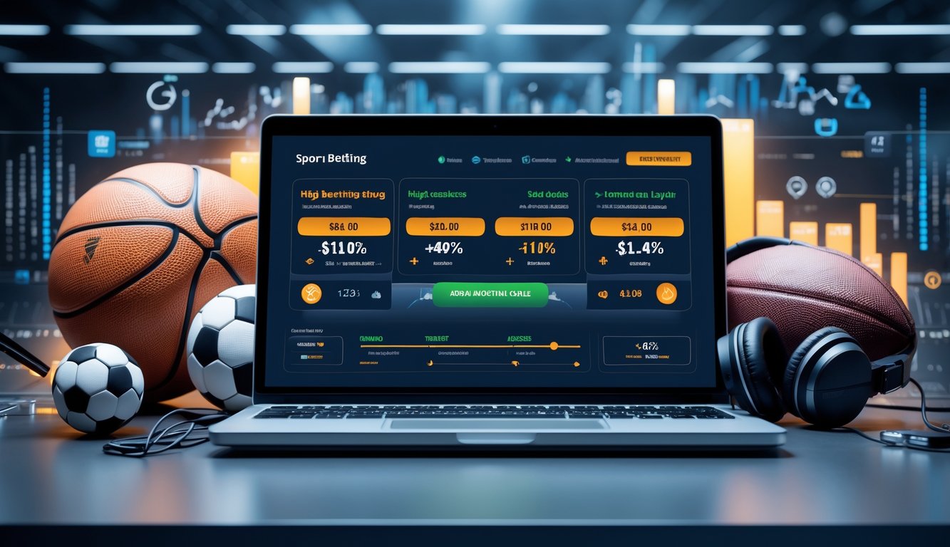 Meja kerja modern dengan laptop yang menampilkan situs taruhan olahraga, dikelilingi bola sepak, bola basket, dan headphone.