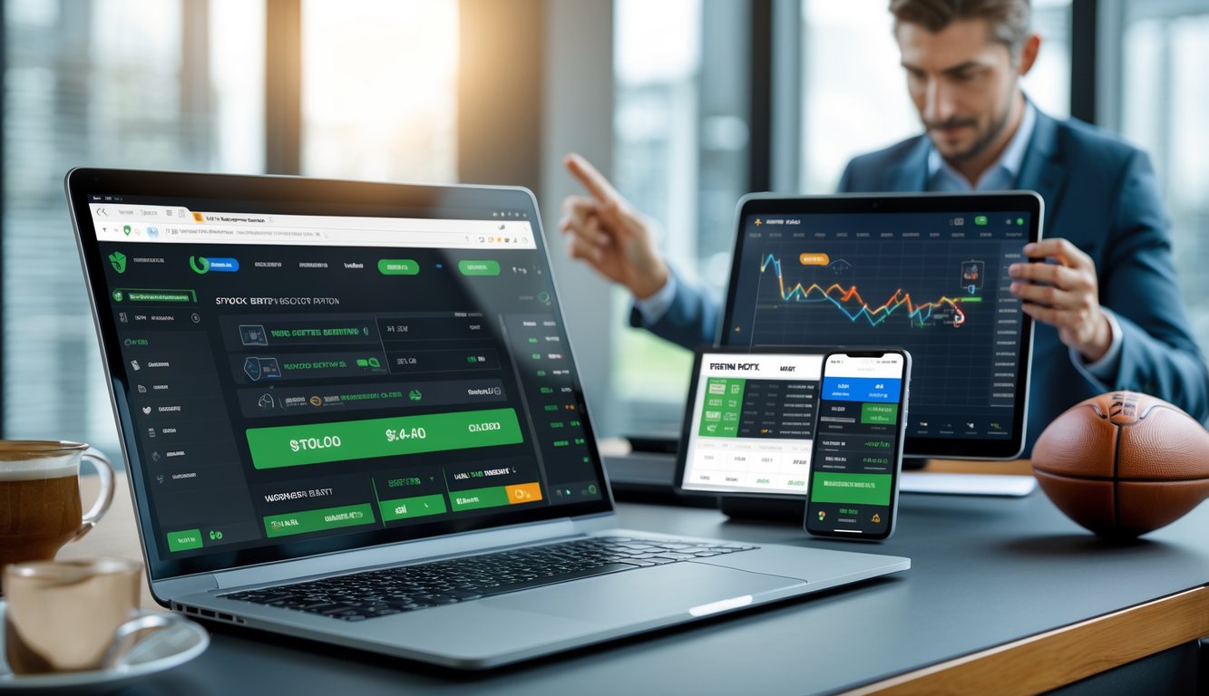 Seorang profesional sedang menggunakan laptop dan ponsel untuk memilih situs taruhan olahraga online dengan tampilan data dan simbol keamanan di meja kerja yang rapi.