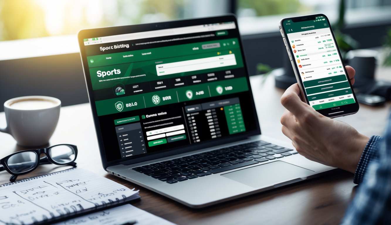 Seorang pria sedang menggunakan laptop dan ponsel di meja kerja dengan catatan dan kopi, fokus pada taruhan olahraga online.