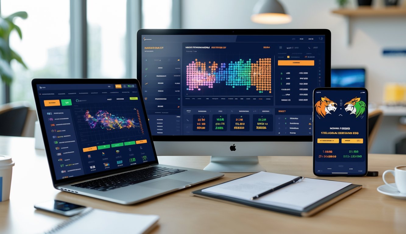 Meja kerja modern dengan beberapa perangkat digital yang menampilkan grafik taruhan olahraga untuk sepak bola, NBA, dan esports.