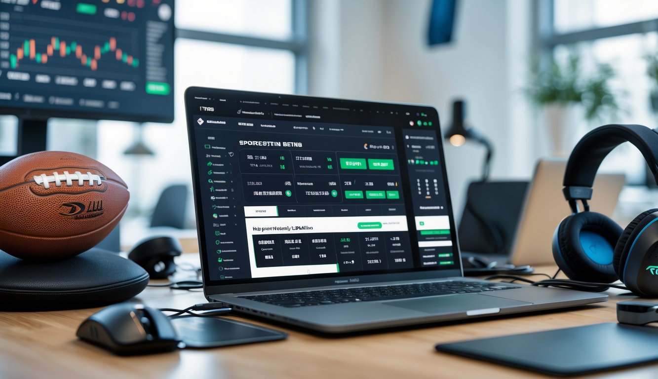Meja kerja dengan laptop yang menampilkan situs taruhan olahraga online, dikelilingi bola sepak, bola basket, dan perangkat gaming.
